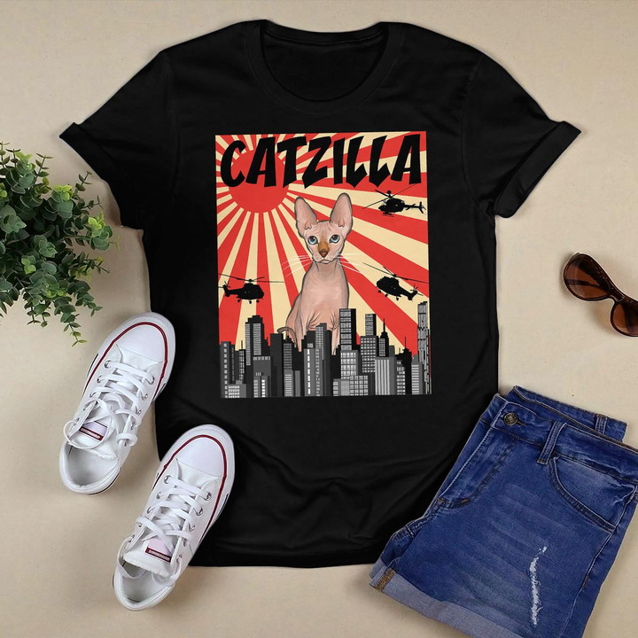 Funny Retro Japanese Catzilla Sphynx Cat T-Shirt