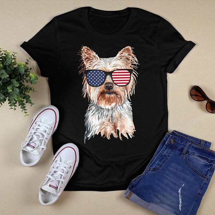 Yorkie Dog With American Flag Sunglasses Patriotic Pullover Hoodie