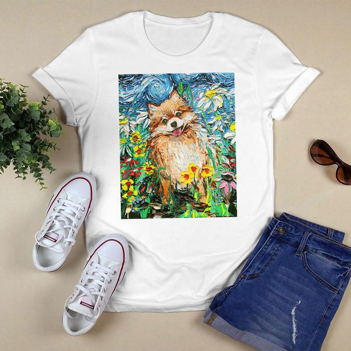 Cute Happy Pomeranian Starry Night Dog and Flowers Art Aja T-Shirt