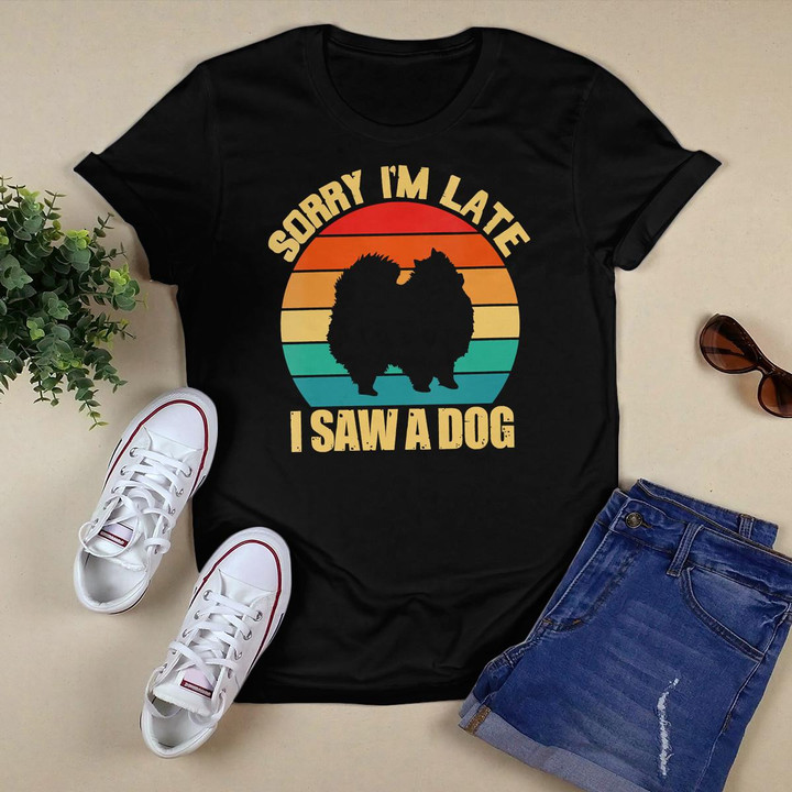 Womens Sorry I_m Late I Saw A Dog Pomeranian Dog Lover Cute Retro V-Neck T-Shirt