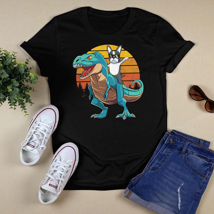 Boston Terrier Dog Riding Dinosaur T Rex Boys T-Shirt