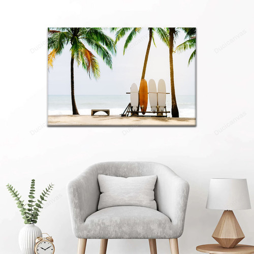 Beach With Palm Trees And Surfboards Painting Canvas - Canvas Print, Canvas Art, Wall Decor