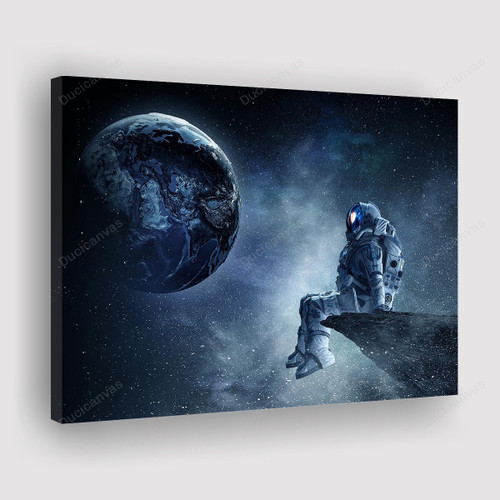 Astronaut Looking at Earth Planet on Rock Edge Space Galaxy Universe Fantasy Canvas Print - Canvas Painting, Canvas Wall Art, Wall Decor For Living Room