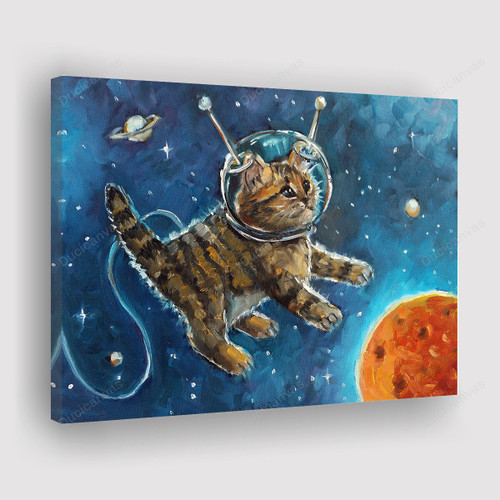 Cute Kitten Cat Astronaut Oil Canvas Print - Space Animal Canvas Painting, Canvas Wall Art, Wall Decor For Living Room