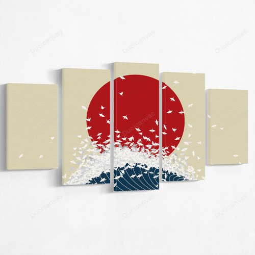 Minimalism Origami Japan Rising Sun Wave Canvas Print - 5 Panel Canvas Large Wall Decor For Living Room,Canvas Painting,Canvas Art
