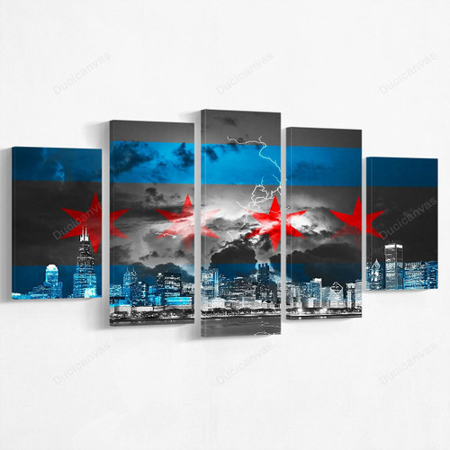 Black & White Stormy Chicago Flag Skyline Wall Graphic Canvas Print - 5 Panel Canvas Large Wall Decor For Living Room,Canvas Painting,Canvas Art