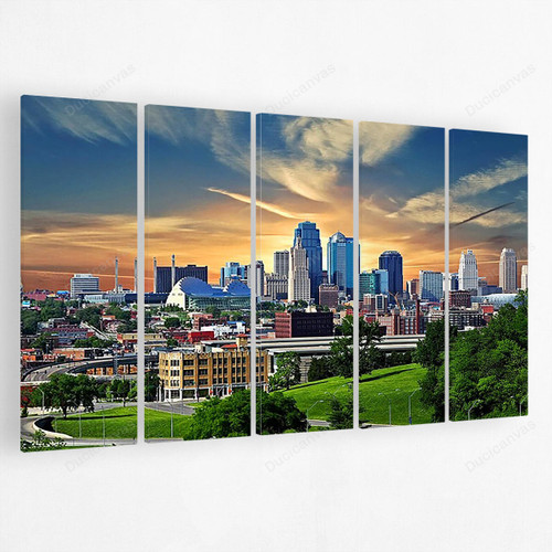 Kansas City American Flag Skyline Canvas Painting - 5 Panel Canvas Large Wall Art For Living Room,Canvas Art,Wall Decor