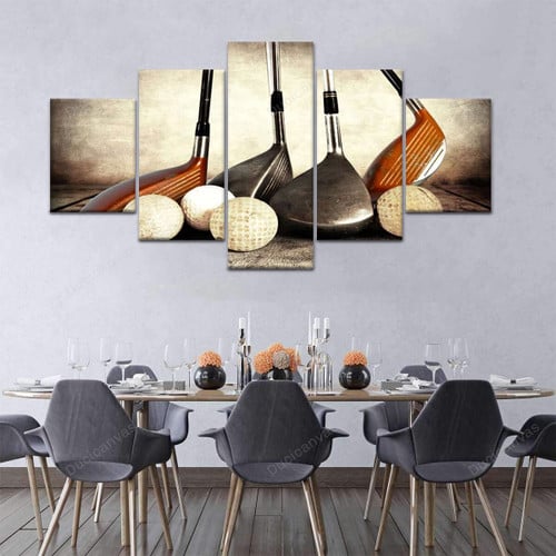 Golf Clubs On Wood Canvas Print - 5 Panel Canvas Large Wall Decor For Living Room,Canvas Painting,Canvas Art