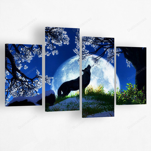 Full Moon Howling Wolf Canvas Art - 4 Panel Canvas Printing,Canvas Pictures,Canvas For Sale,Wall Decor For Bedroom