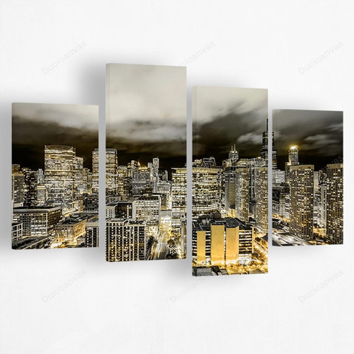 Golden Chicago Canvas Art - 4 Panel Canvas Printing,Canvas Pictures,Canvas For Sale,Wall Decor For Bedroom