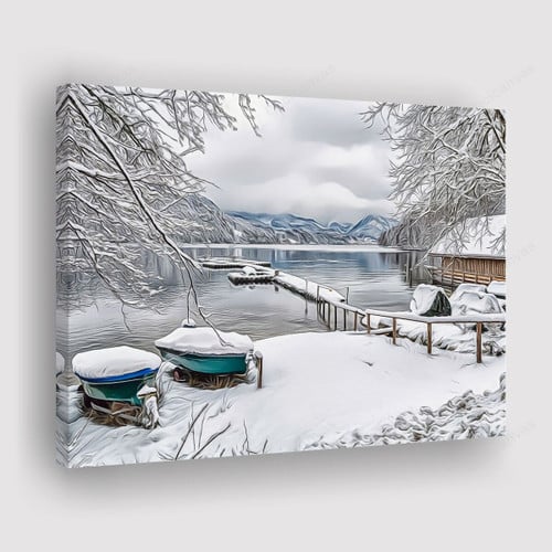 Austria Winter Snowy Scene Canvas Print - Canvas Painting, Lake And Mountains Picture, Canvas Wall Art, Wall Decor For Living Room
