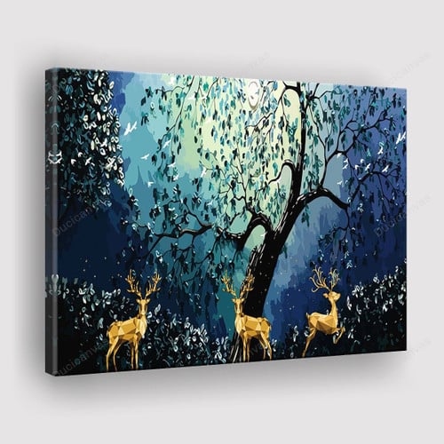 Big Tree And Moon Canvas Print - Canvas Painting, Golden Abstract Deer, Canvas Wall Art, Wall Decor For Living Room