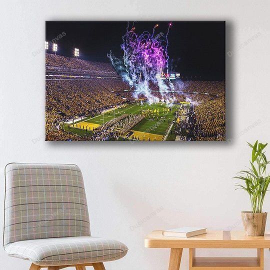 Lsu Football Night Game Stadium Canvas Print-View Of Lsu Tigers Stadium With Fireworks- Canvas Painting, 1 Panel Canvas Wall Art For Living Room