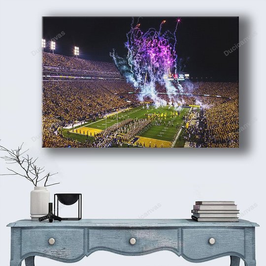 Lsu Football Night Game Stadium Canvas Print-View Of Lsu Tigers Stadium With Fireworks- Canvas Painting, 1 Panel Canvas Wall Art For Living Room