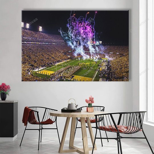 Lsu Football Night Game Stadium Canvas Print-View Of Lsu Tigers Stadium With Fireworks- Canvas Painting, 1 Panel Canvas Wall Art For Living Room