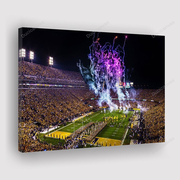 Lsu Football Night Game Stadium Canvas Print-View Of Lsu Tigers Stadium With Fireworks- Canvas Painting, 1 Panel Canvas Wall Art For Living Room