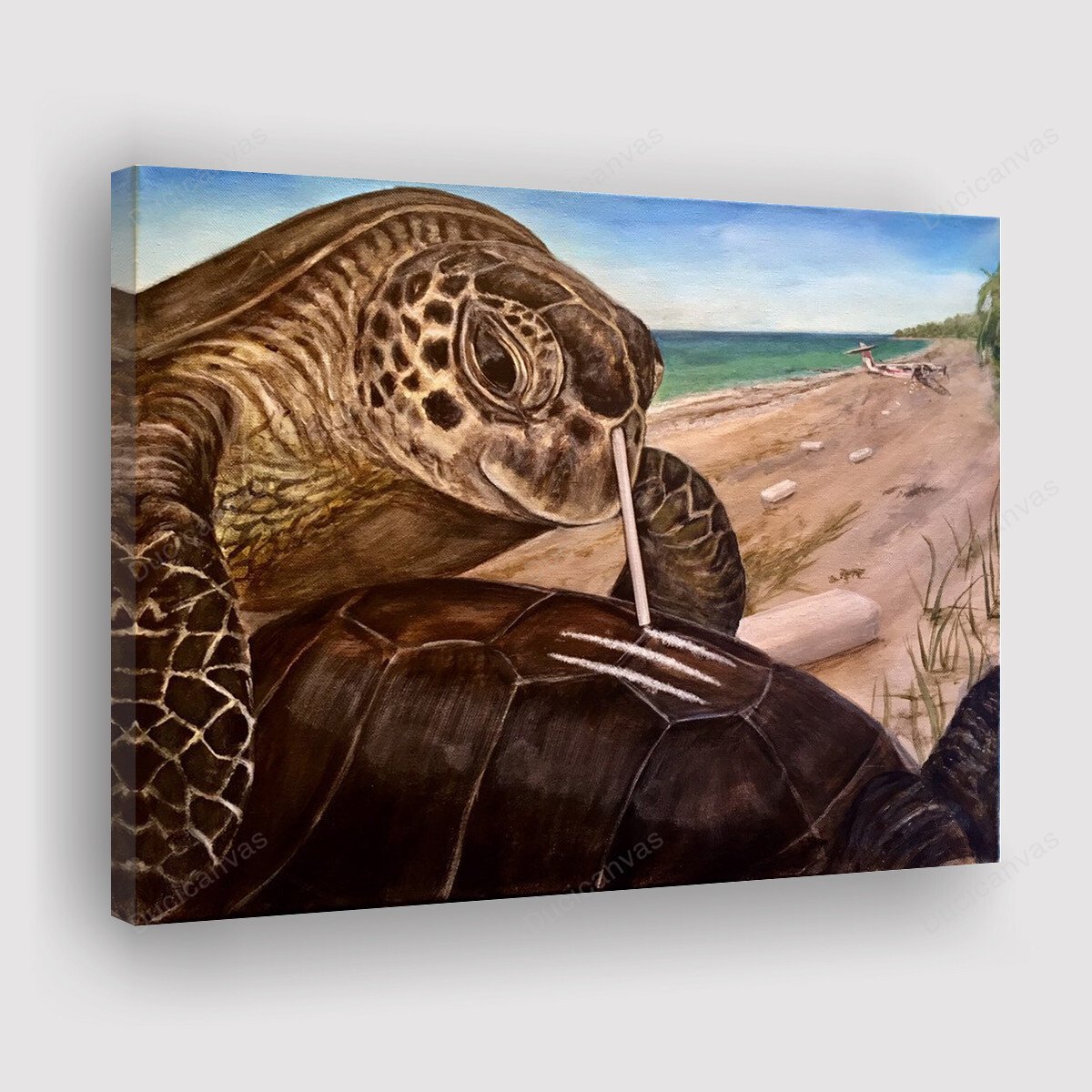 Sea Turtle snorting cocaine with a straw Canvas Print - Canvas Paintin -  Ducicanvas