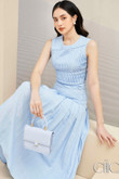 Blue Pleated Sleeveless Long Dress