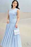 Blue Pleated Sleeveless Long Dress