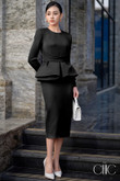 One-piece, black, long-sleeve, peplum-shaped, round-neck, long-legged pencil dress, flattering, office dress, party dress