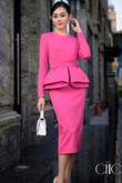 One-piece, neon pink, long-sleeve, peplum-shaped, round-neck, long-legged pencil dress, flattering, office dress, party dress