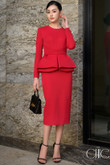 One-piece, red, long-sleeve, peplum-shaped, round-neck, long-legged pencil dress, flattering, office dress, party dress