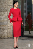 One-piece, red, long-sleeve, peplum-shaped, round-neck, long-legged pencil dress, flattering, office dress, party dress