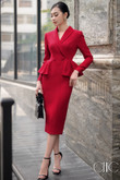 One-piece dress, red, long-sleeved, vest neck, long shape, thick fabric, fake vest, stylized, flattering waist. Office dress, Party dress, Body hugging dress