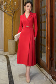 One-piece dress, red, long-sleeve, long-sleeved, imitation mantle, with waist belt, pleated dress, office dress, party dress
