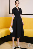 One-piece, black, short-sleeved, A-line skirt, German collar, 3 rows of buttons, polite and gentle style. Office dress, party dress