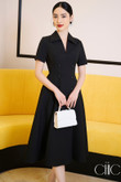 One-piece, black, short-sleeved, A-line skirt, German collar, 3 rows of buttons, polite and gentle style. Office dress, party dress