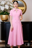 One-piece, pink, short-sleeved, A-line skirt, German collar, 3 rows of buttons, polite and gentle style. Office dress, party dress