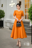 One-piece, orange, short-sleeved, A-line skirt, round neck, with a waist belt to flatter the figure, tafta fabric. Party dress, luxury, lady