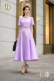 One-piece, purple, short-sleeved, A-line skirt, round neck, with a waist belt to flatter the figure, tafta fabric. Party dress, luxury, lady