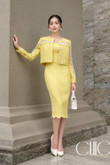 One-piece dress, armpit, simple basic shape, tweed, yellow color, legs. Pencil skirt, long figure, square neck, work dress, office dress, party dress