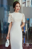 One-piece, long, white, lace-up dress, short sleeves, rose lace, pencil skirt, flattering figure. Office dress, work dress, party dress, luxury.