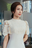 One-piece, long, white, lace-up dress, short sleeves, rose lace, pencil skirt, flattering figure. Office dress, work dress, party dress, luxury.