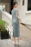 One-piece dress, gray color, body-hugging shape, velvet fabric with lace sleeves, long sleeves, twisted chest, long shape. Party dress, office dress, work dress, luxury