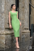 One-piece dress, armpit, simple basic shape, tweed, green color, legs. Pencil skirt, long figure, square neck, work dress, office dress, party dress