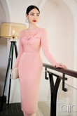 One-piece, long-sleeve, silk fabric, pink, twisted chest, long figure, pencil skirt, flattering figure. Office dress, work dress, party dress, luxury