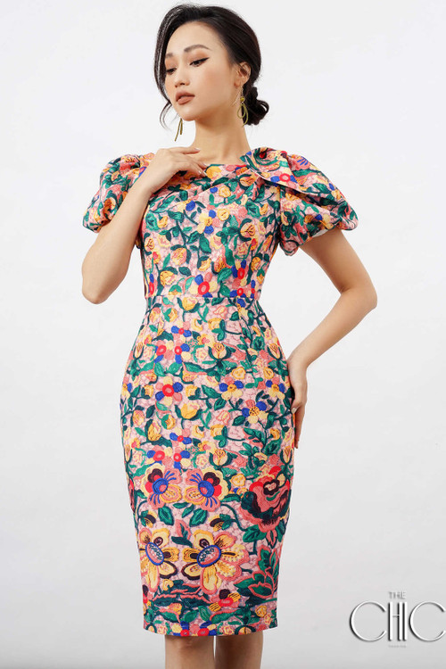 Floral Brocade Dress With Bow At The Shoulder