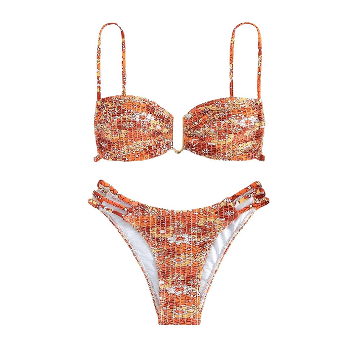 The CHIC - Floral Print Smocked Bikini Swimsuit