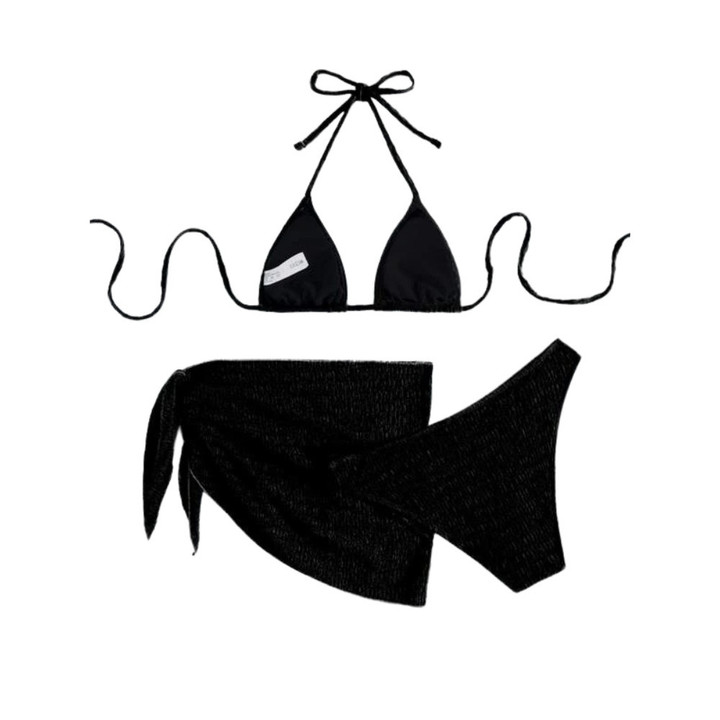The CHIC - Textured Halter Triangle Bikini Swimsuit With Beach Skirt