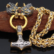 Vikings Wolves Head Mjolnir Stainless Steel Necklace