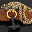 Vikings Wolves Head Mjolnir Stainless Steel Necklace