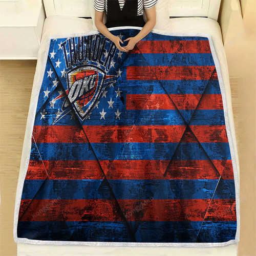 Oklahoma City Thunder American Basketball Club Fleece Blanket - Grunge Rhombus Grunge American Flag Soft Blanket, Warm Blanket