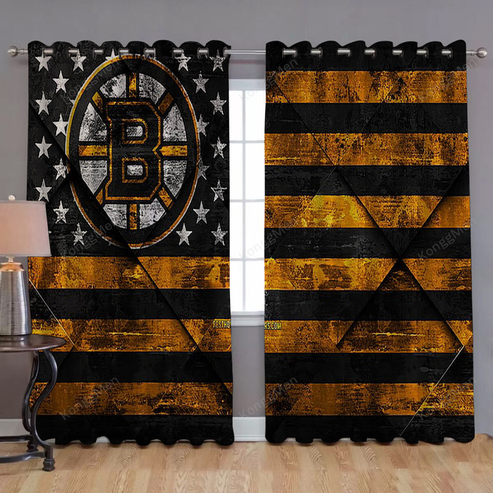 Boston Bruins American Hockey Club Window Curtains - Grunge Blackout Curtains, Living Room Curtains For Window