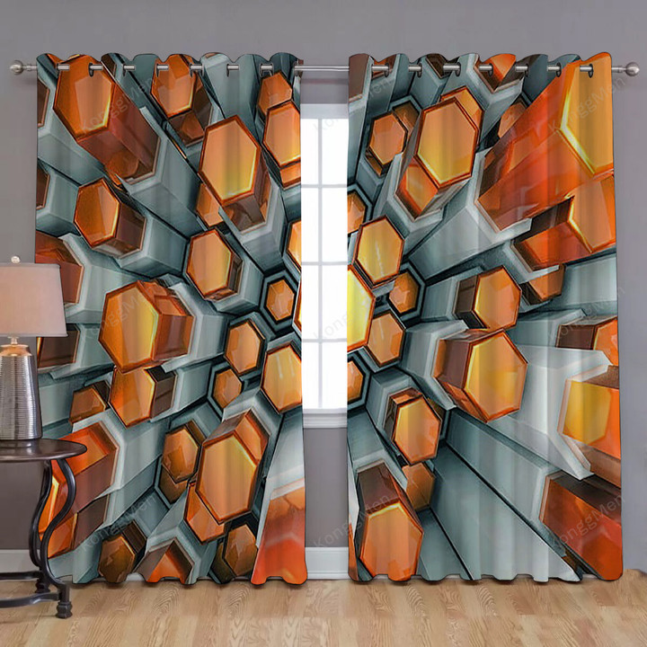 Orange Hexagons 3D Art Window Curtains - Hexagon Pattern Blackout Curtains, Living Room Curtains For Window