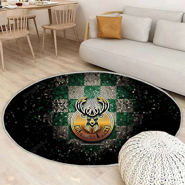Milwaukee Bucksrug Round, Rugs - Glitter Nba Green Brown Checkered Rug Round Living Room, Carpet, Rug