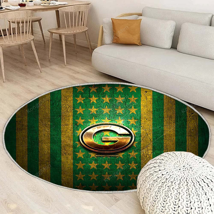 Green Bay Packers Flagrug Round, Rugs - Nfl Green Yellow Metal American Football Team Rug Round Living Room, Carpet, Rug